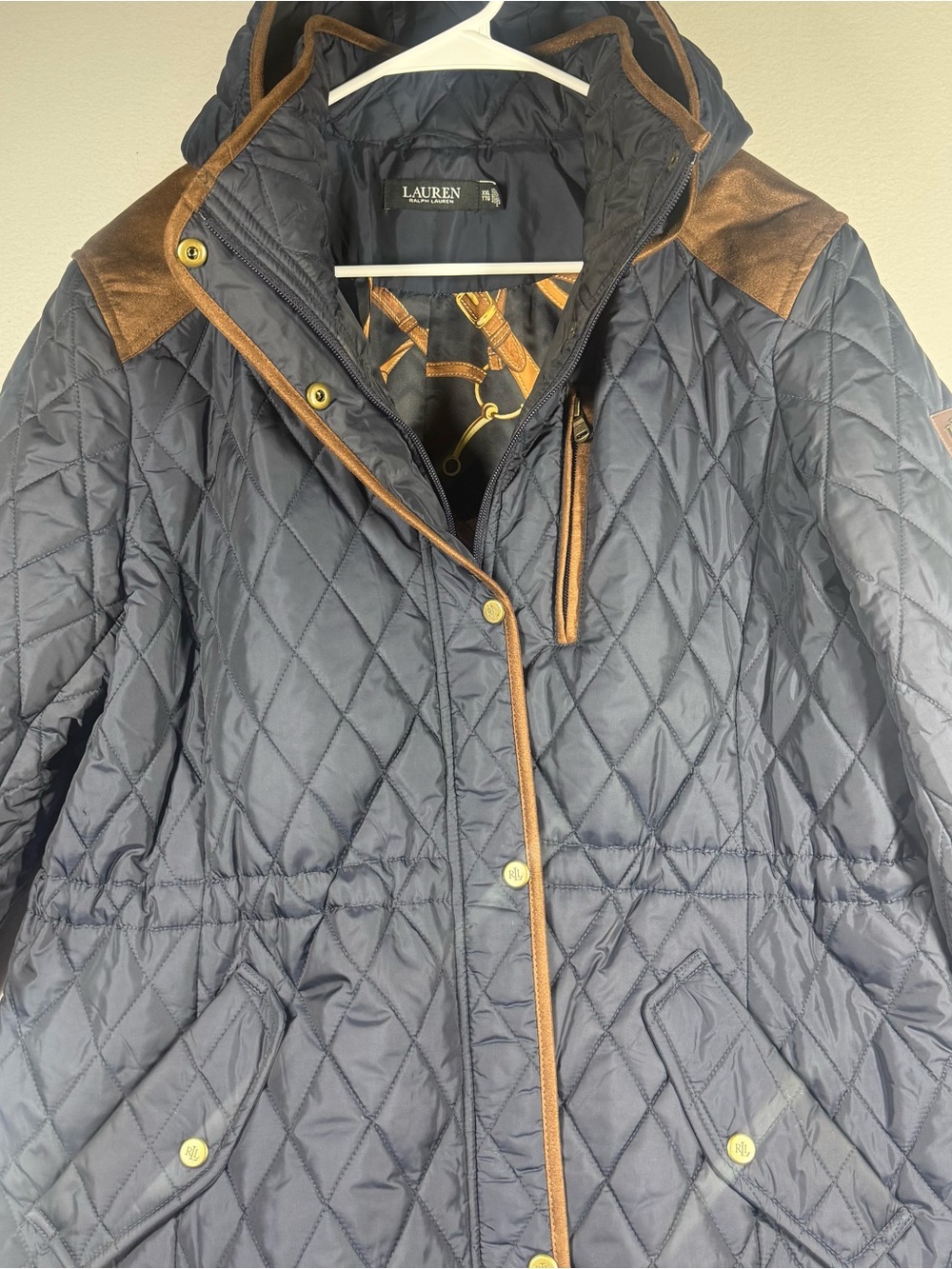 Lauren Ralph Lauren Quilted Navy Puffer Jacket with Brown Trim